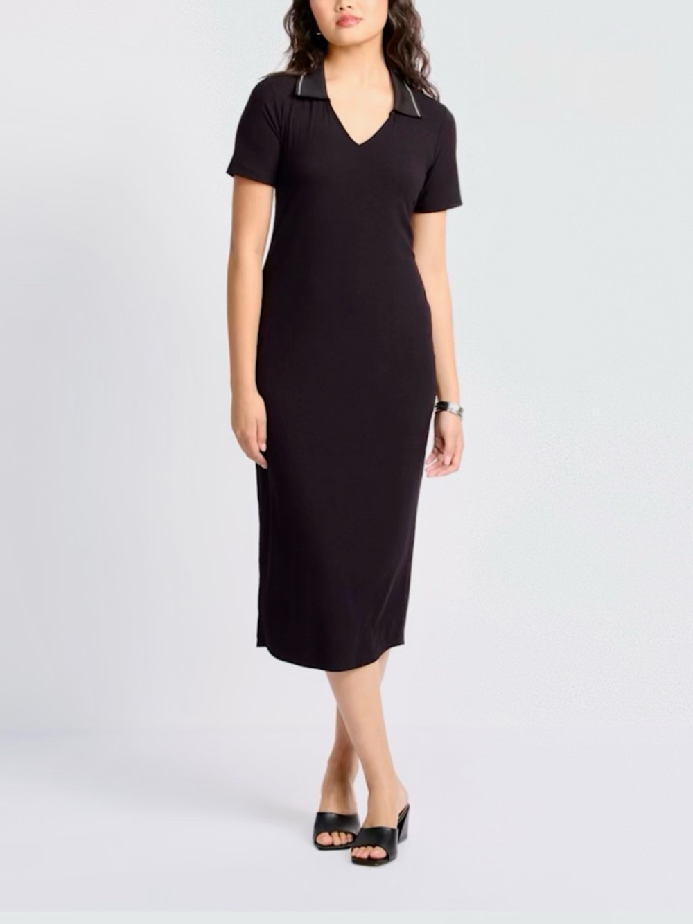 Nine Britton Black Collared V-Neck Midi Dress Size Small